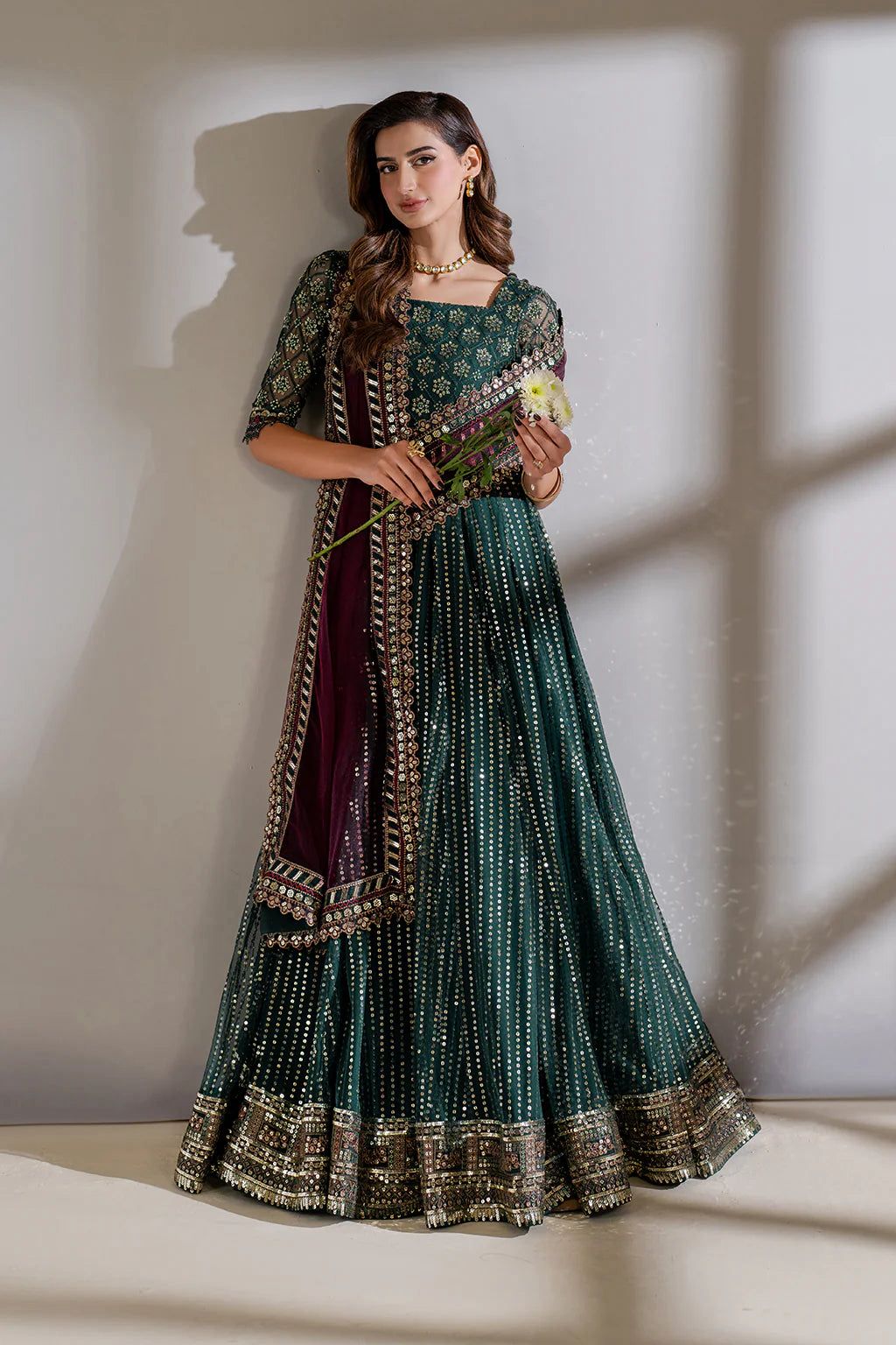 IZK Embroidered Dark Green Luxury Net Maxi