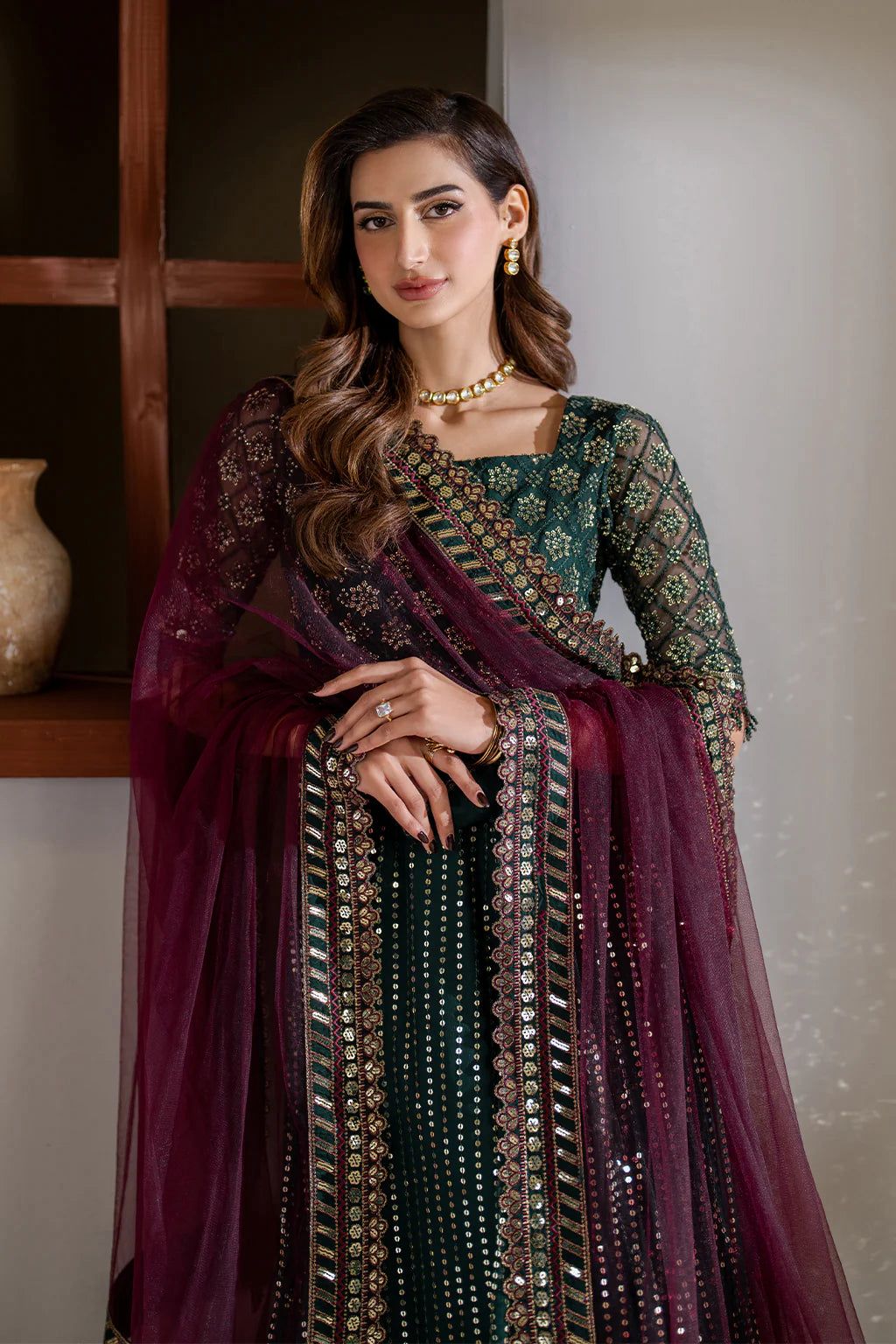 IZK Embroidered Dark Green Luxury Net Maxi