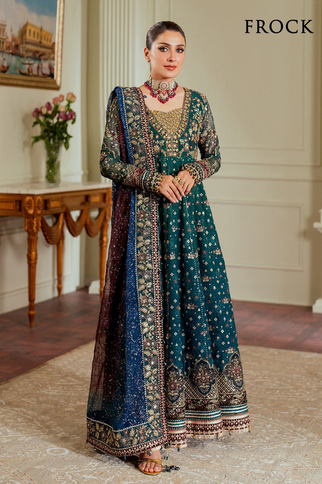 BRQ Embroidered Sea Green Tie & dye Luxury Chiffon Frock
