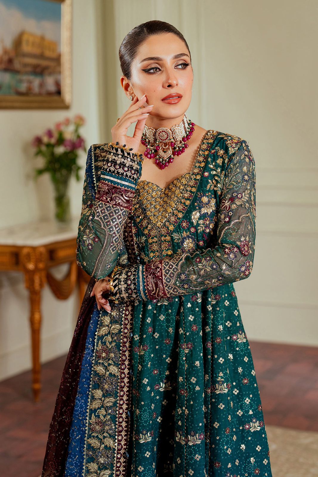 BRQ Embroidered Sea Green Tie & dye Luxury Chiffon Frock