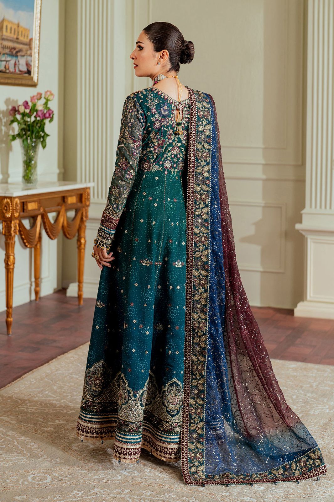 BRQ Embroidered Sea Green Tie & dye Luxury Chiffon Frock