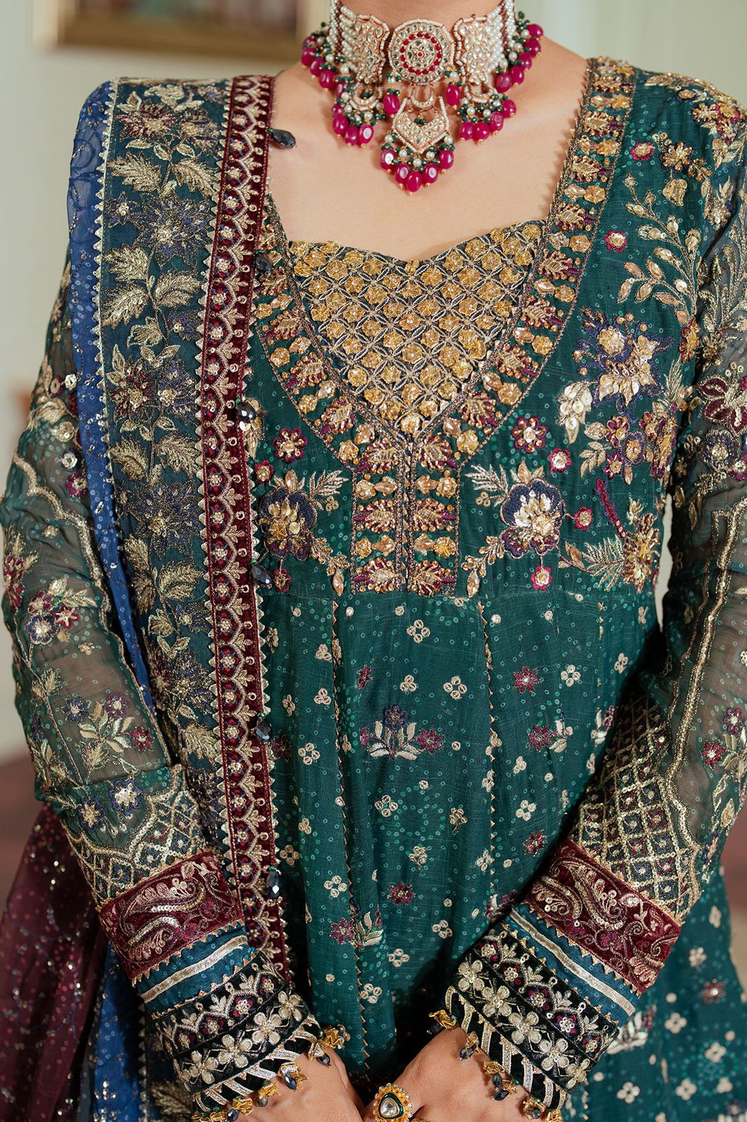 BRQ Embroidered Sea Green Tie & dye Luxury Chiffon Frock