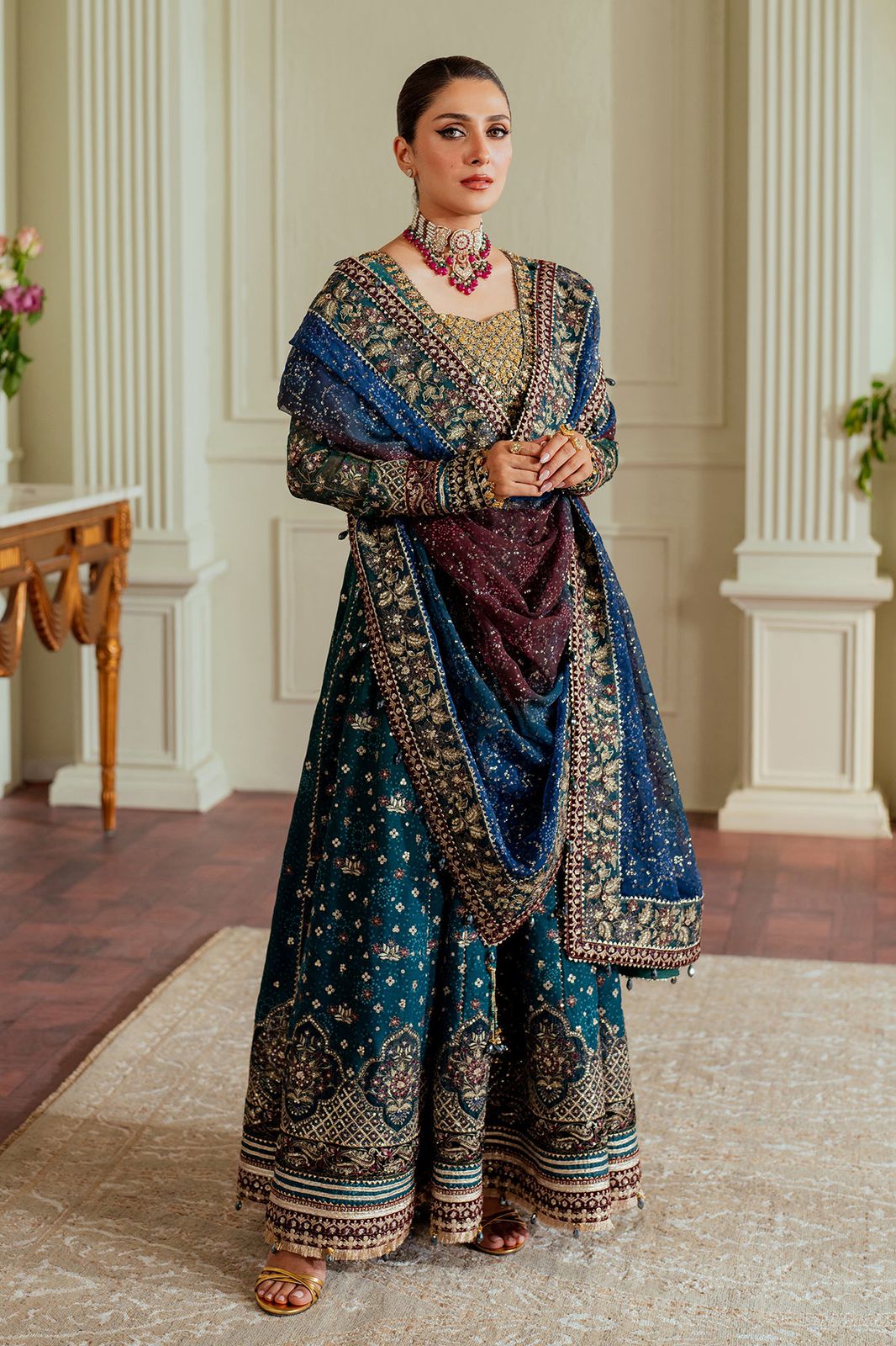BRQ Embroidered Sea Green Tie & dye Luxury Chiffon Frock