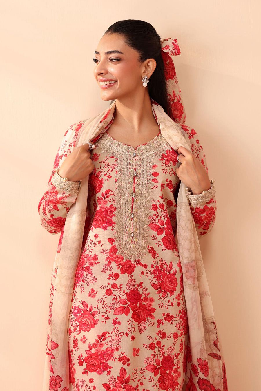 MB Embroidered Peach Luxury Linen Dress