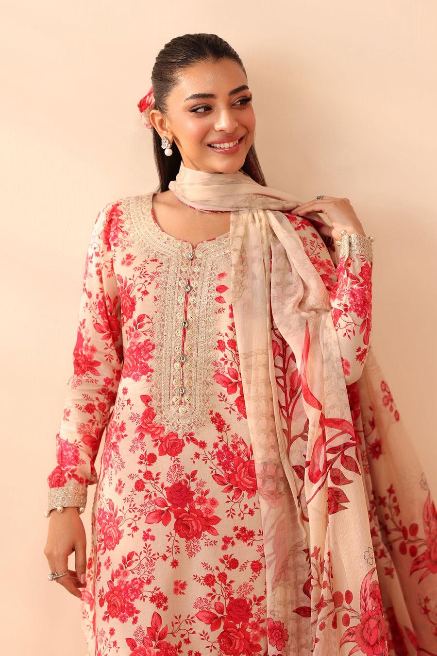 MB Embroidered Peach Luxury Linen Dress