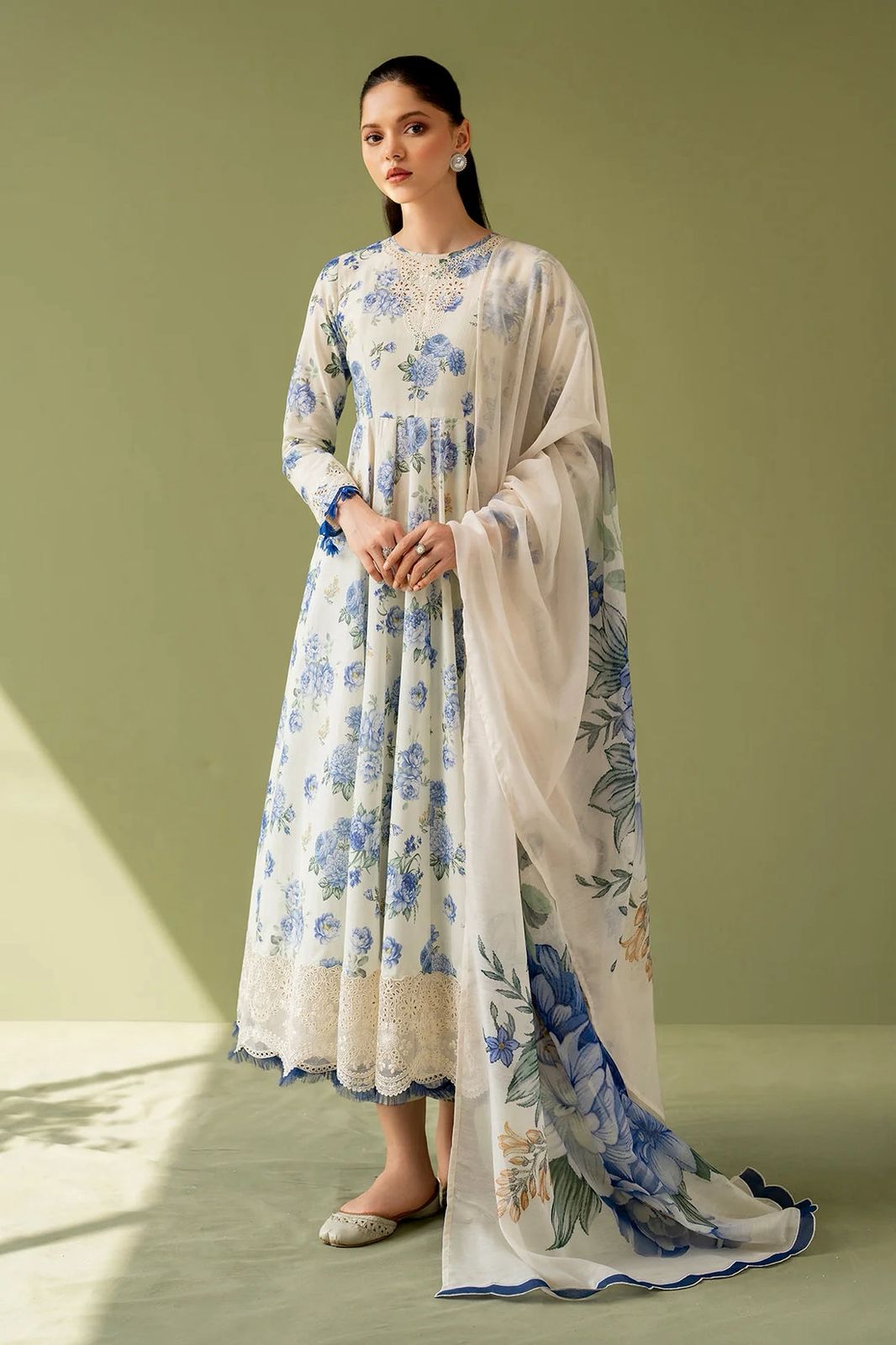 BRQ Embroidered Cream & Blue Luxury Linen Dress