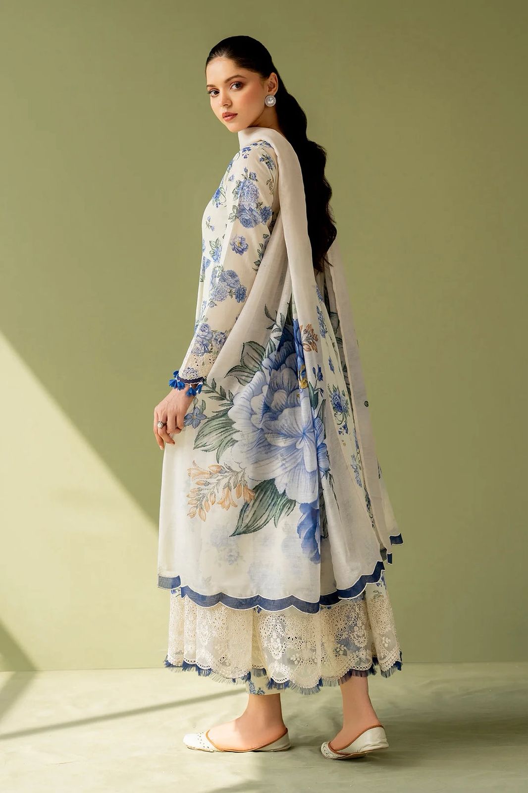 BRQ Embroidered Cream & Blue Luxury Linen Dress