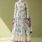 BRQ Embroidered Cream & Blue Luxury Linen Dress