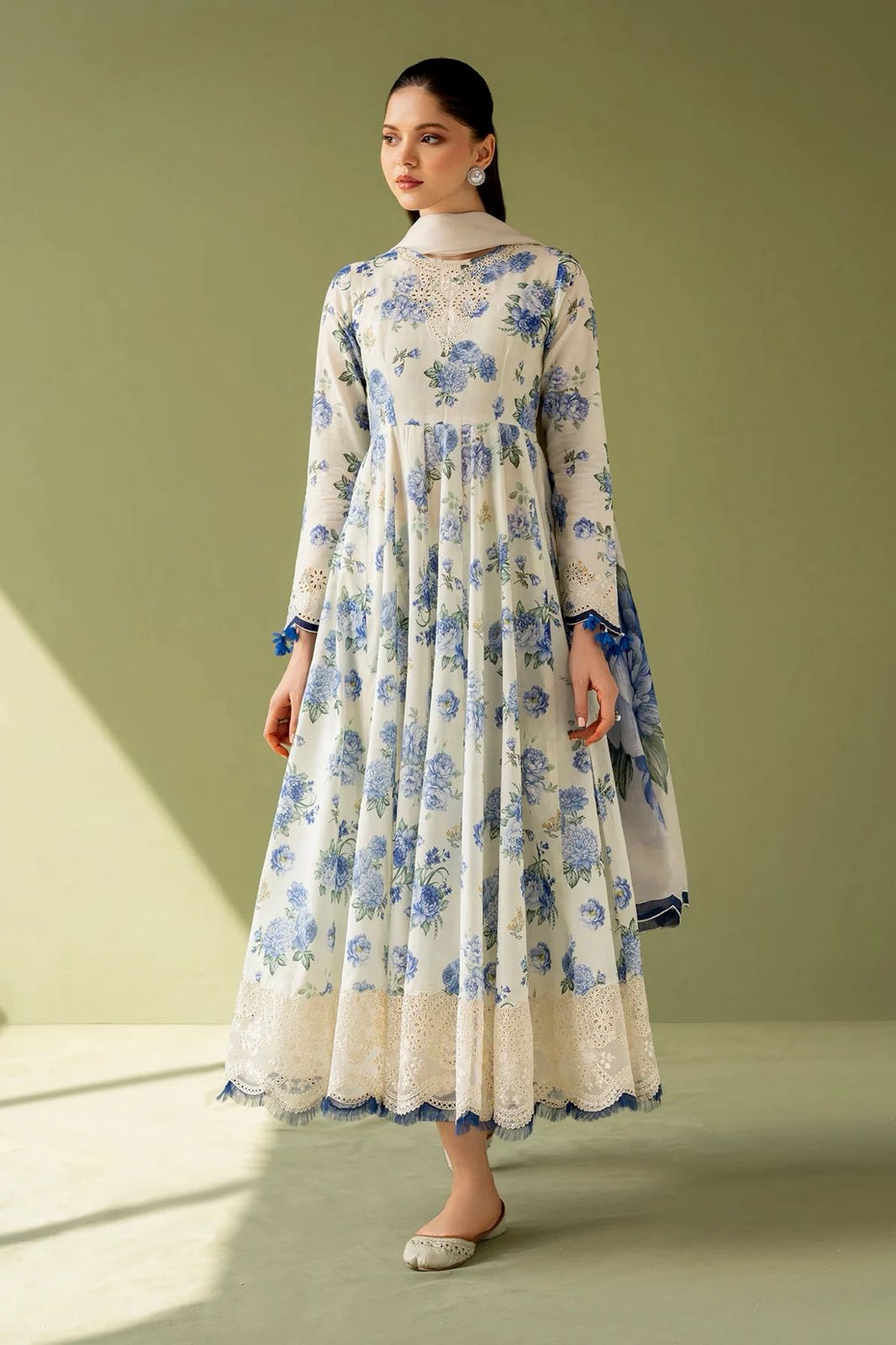 BRQ Embroidered Cream & Blue Luxury Linen Dress