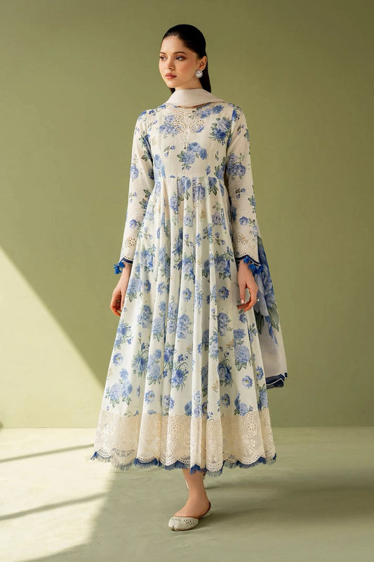 BRQ Embroidered Cream & Blue Luxury Linen Dress