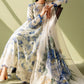 BRQ Embroidered Cream & Blue Luxury Linen Dress