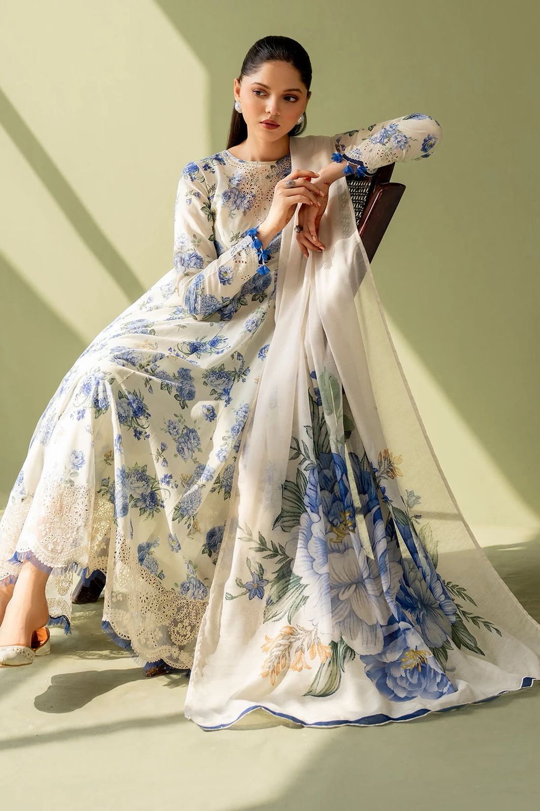 BRQ Embroidered Cream & Blue Luxury Linen Dress