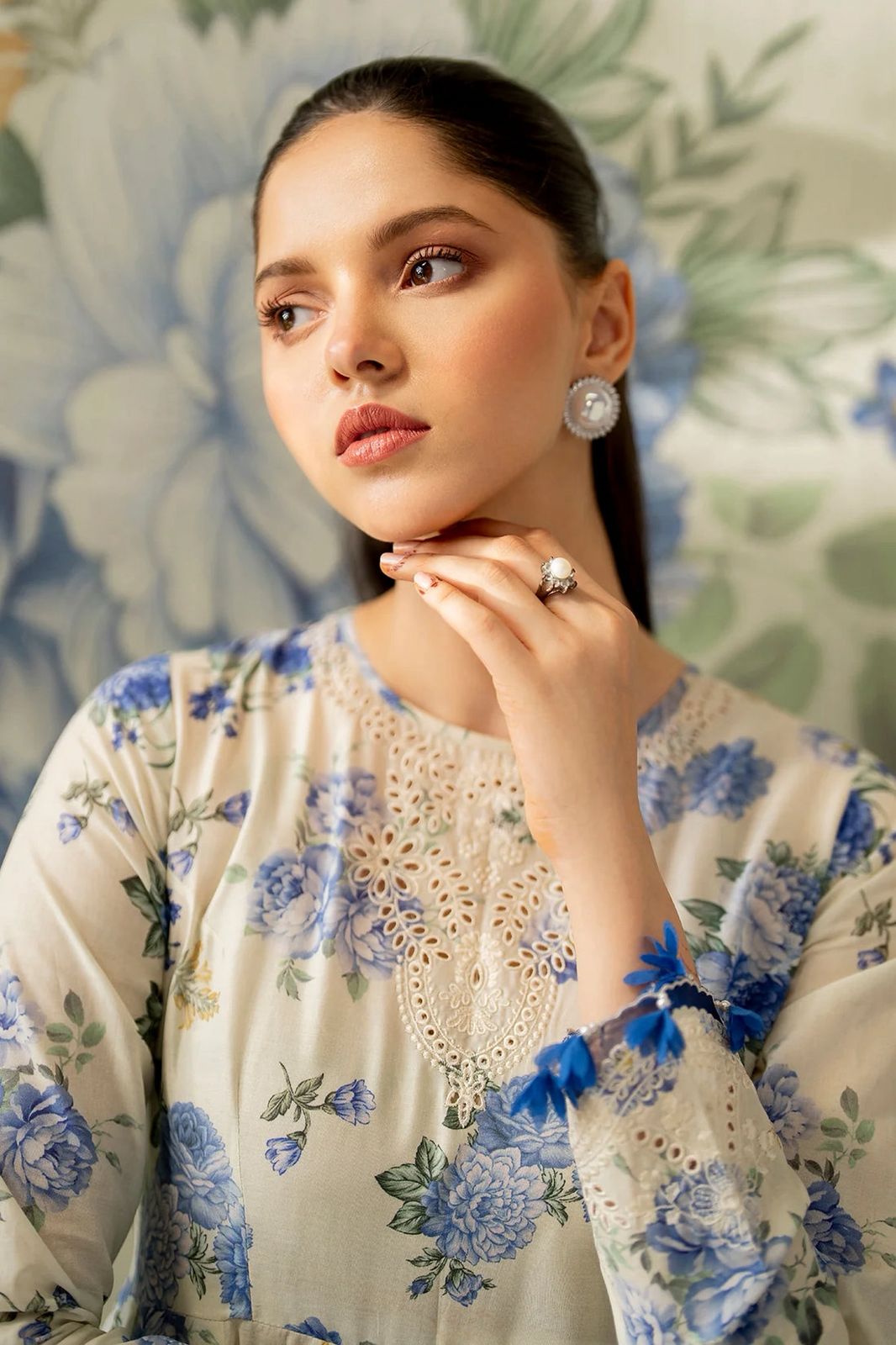 BRQ Embroidered Cream & Blue Luxury Linen Dress