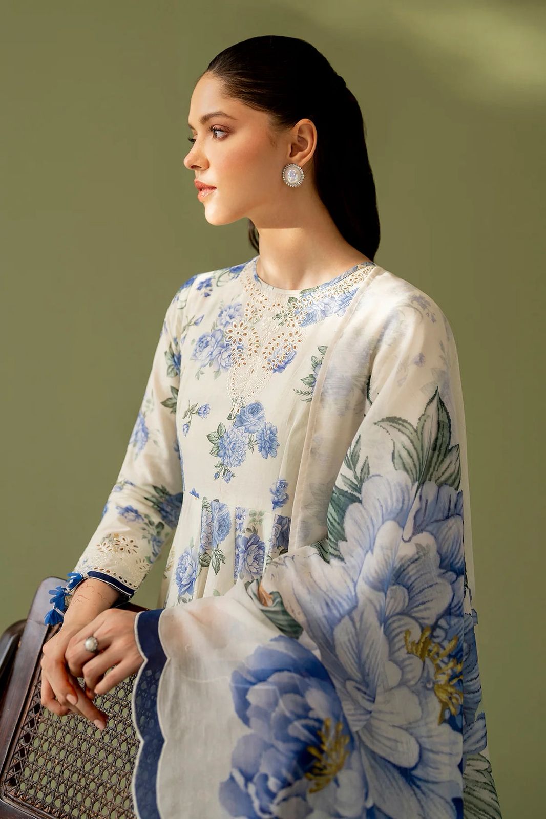 BRQ Embroidered Cream & Blue Luxury Linen Dress