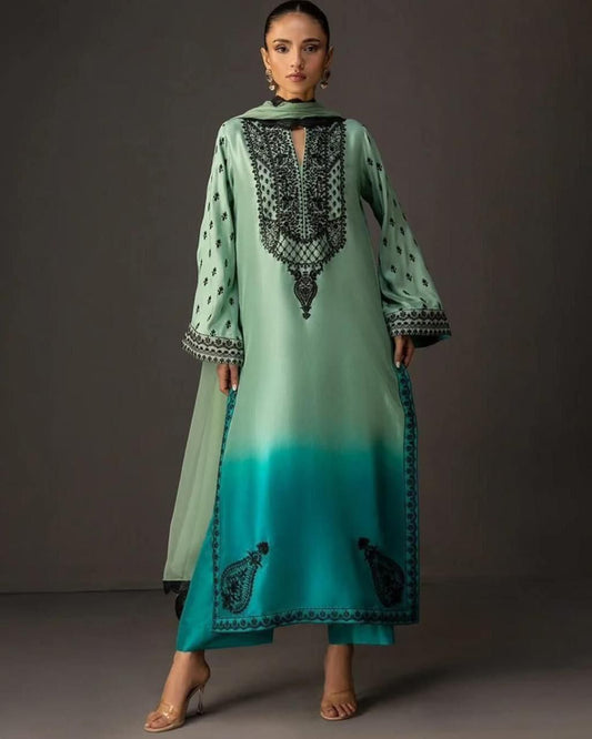 ZC Printed Tie Dye Sea Green Shamoz Silk 3pcs Dress