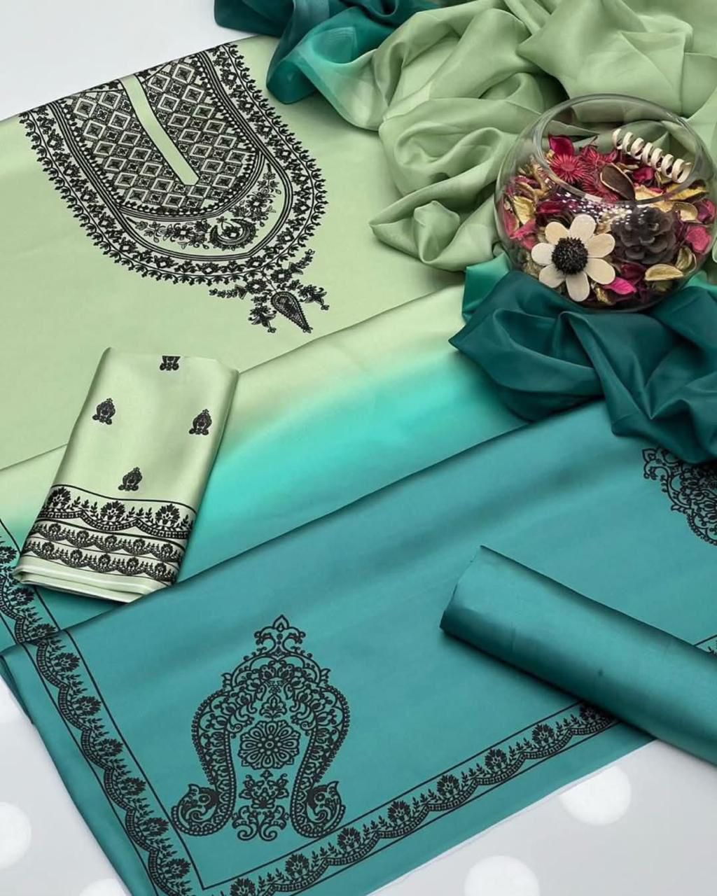 ZC Printed Tie Dye Sea Green Shamoz Silk 3pcs Dress