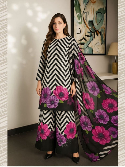 Floral Printed Black & white Shamoz Silk 3pcs Dress