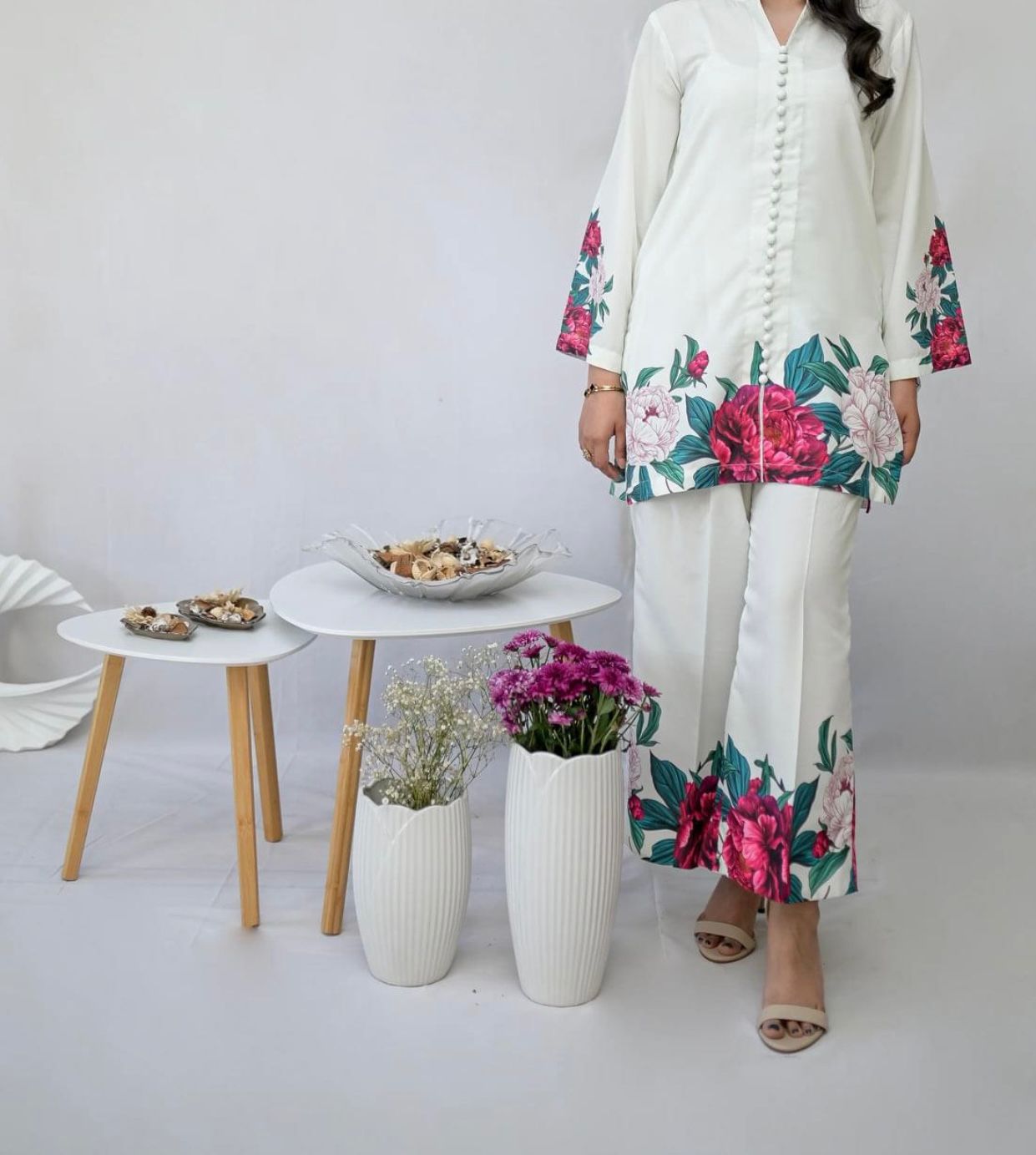 Floral Printed White Shamoz Silk 3pcs Dress