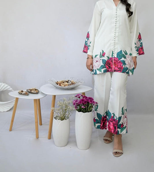 Floral Printed White Shamoz Silk 3pcs Dress