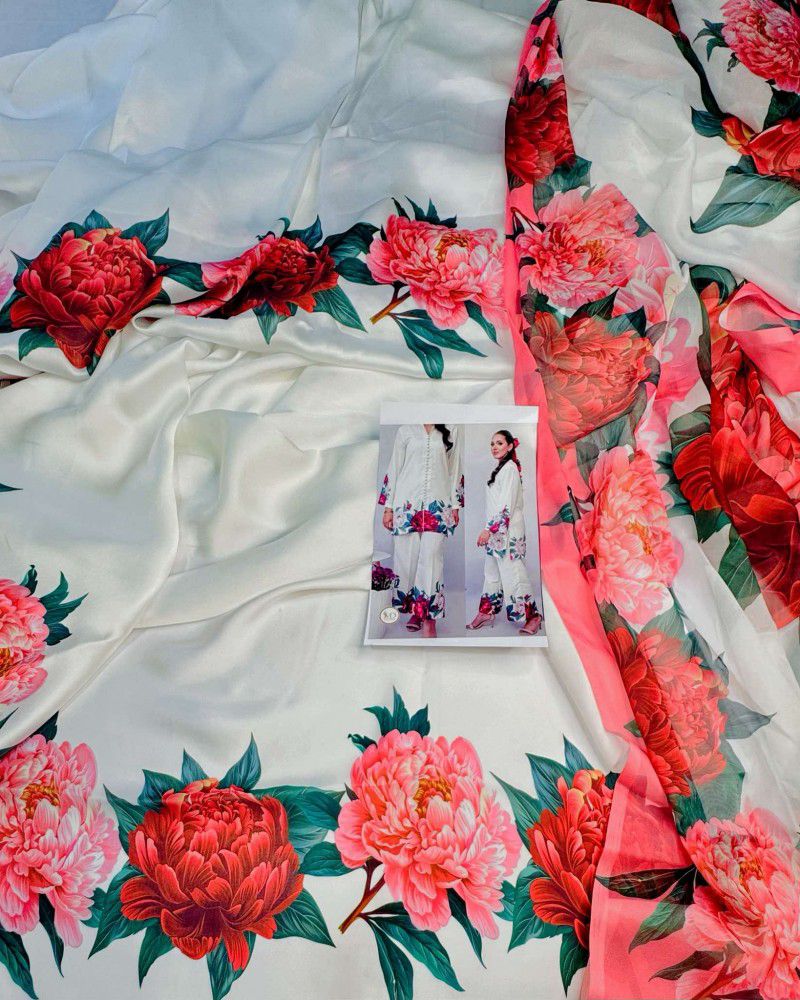 Floral Printed White Shamoz Silk 3pcs Dress