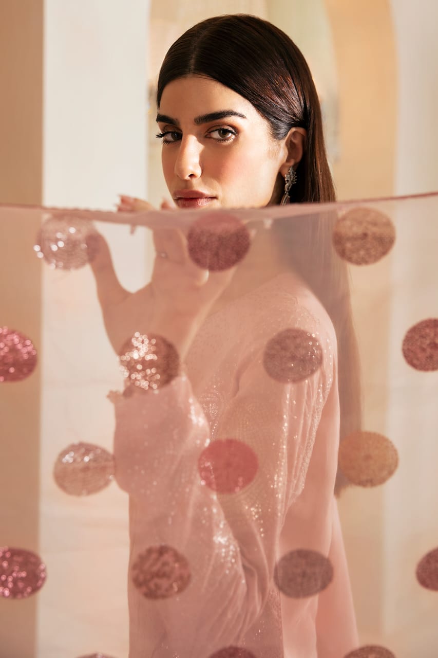 JZM Embridered Tea Pink Luxury Raw Silk Dress