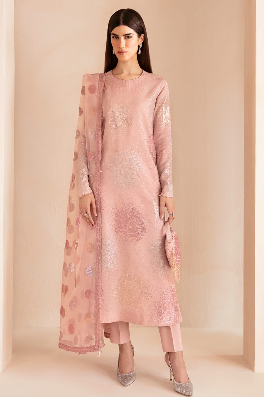 JZM Embridered Tea Pink Luxury Raw Silk Dress