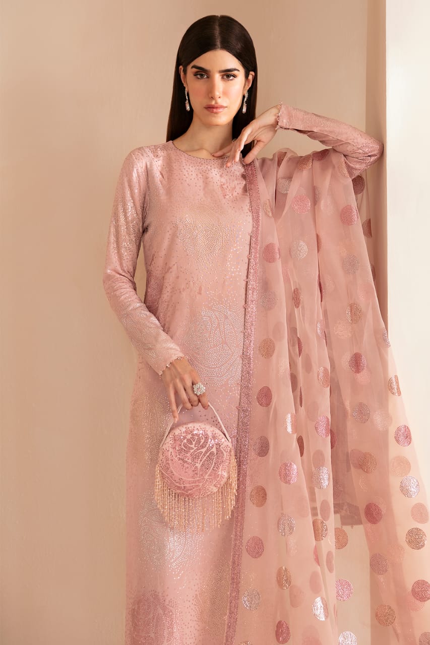 JZM Embridered Tea Pink Luxury Raw Silk Dress