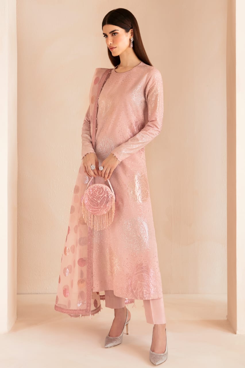 JZM Embridered Tea Pink Luxury Raw Silk Dress