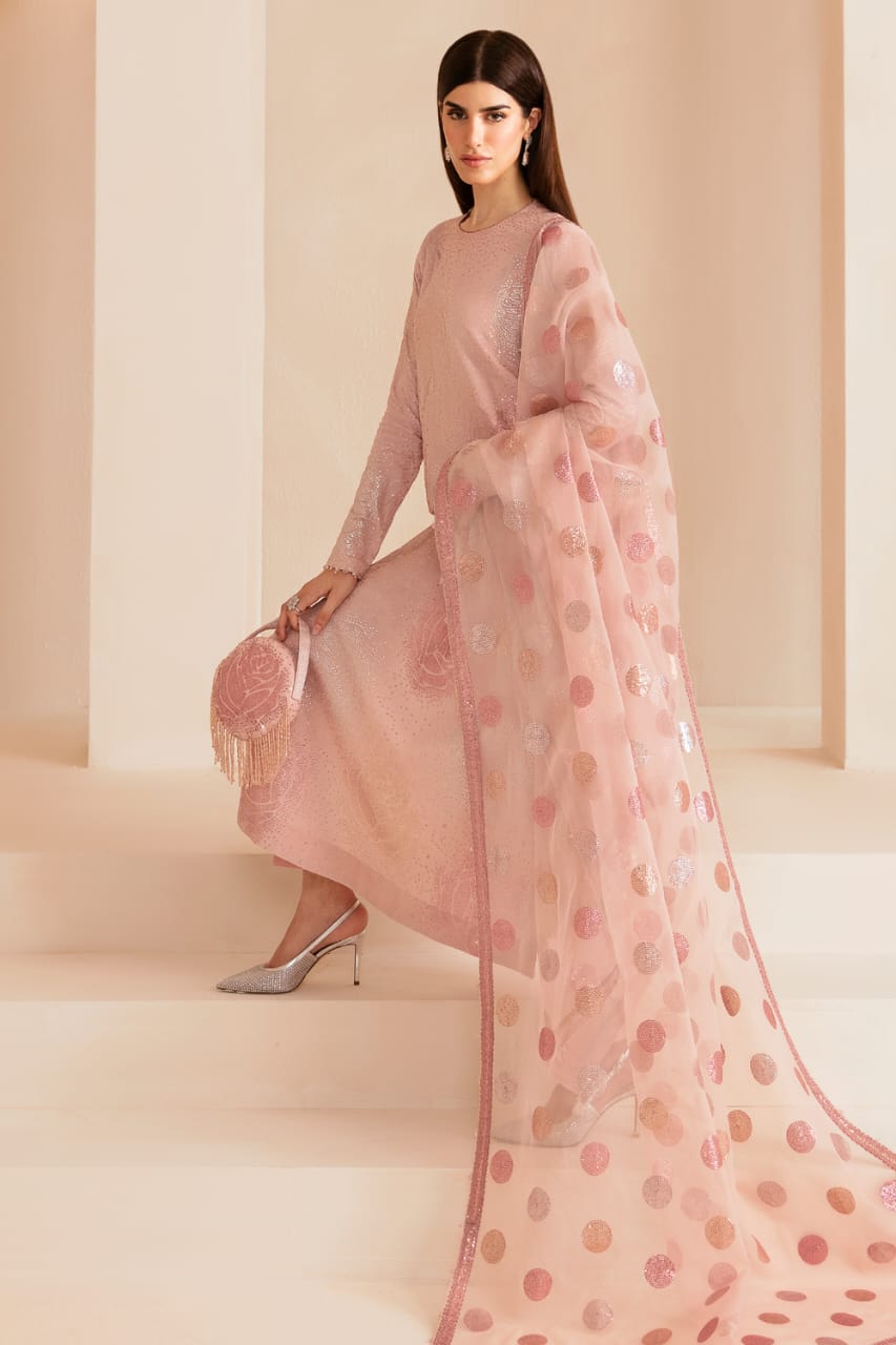 JZM Embridered Tea Pink Luxury Raw Silk Dress
