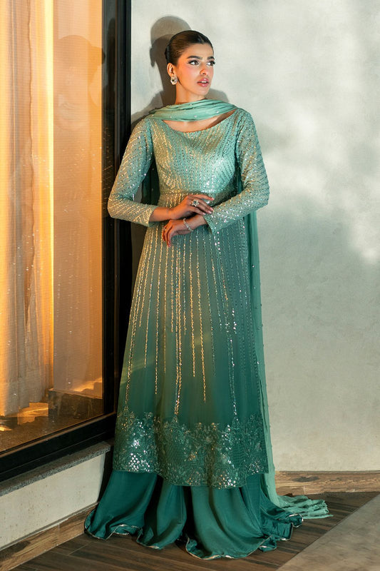 EK Embroidered Tie Dye Sea Green Luxury Chiffon Dress