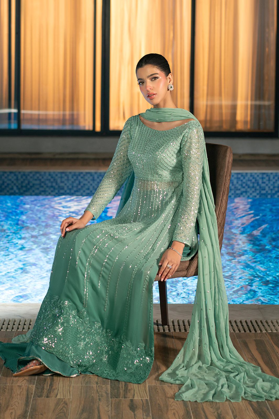 EK Embroidered Tie Dye Sea Green Luxury Chiffon Dress