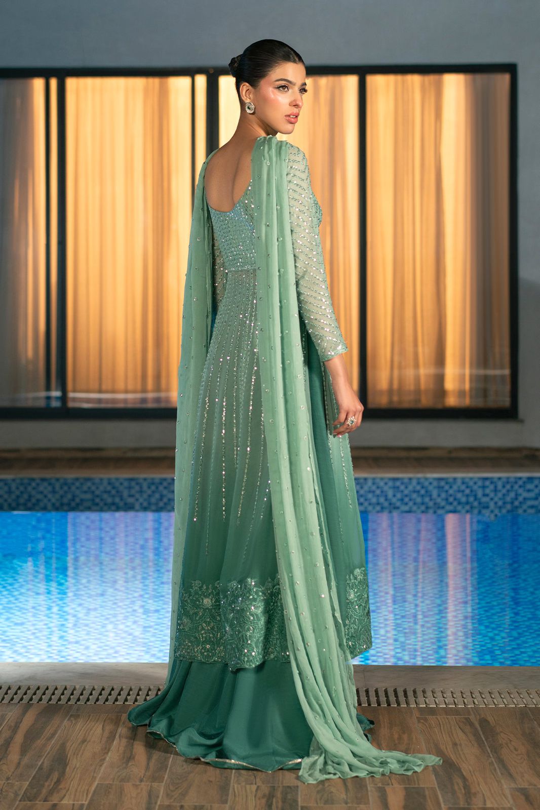 EK Embroidered Tie Dye Sea Green Luxury Chiffon Dress
