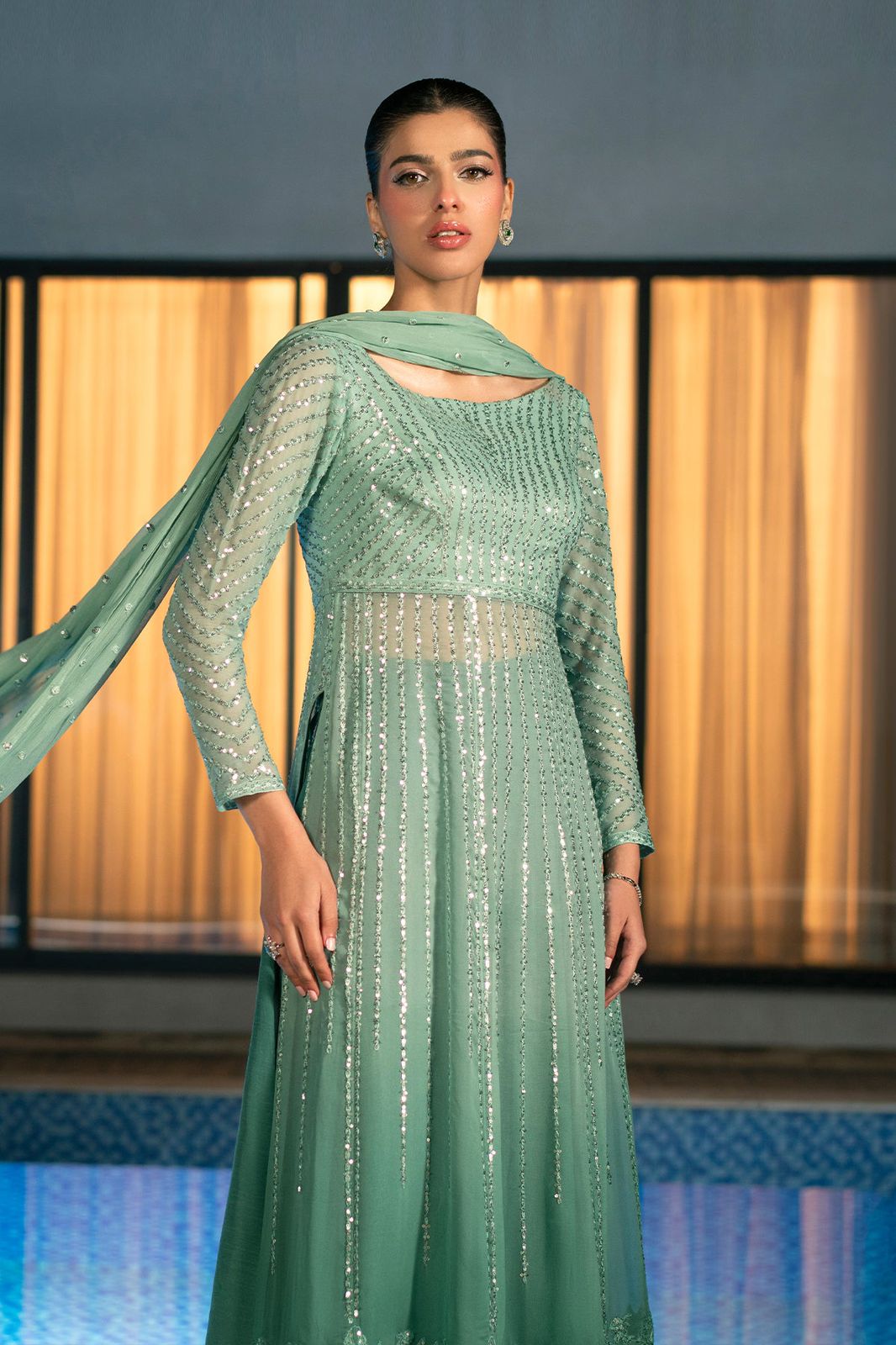 EK Embroidered Tie Dye Sea Green Luxury Chiffon Dress