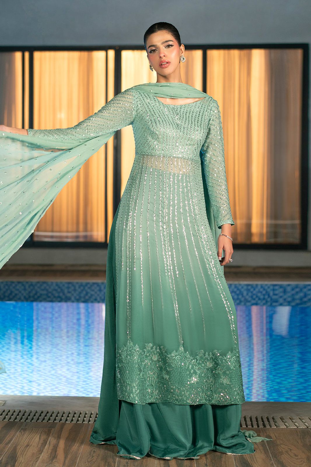 EK Embroidered Tie Dye Sea Green Luxury Chiffon Dress