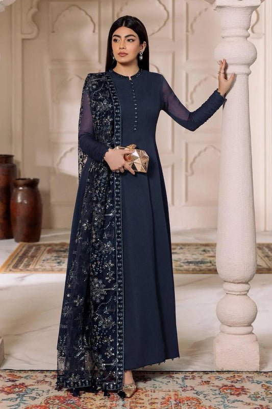 AZH Embroidered Navy Blue Luxury Chiffon Maxi