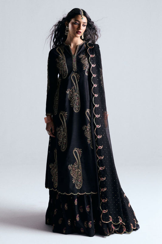 ZSJ Embroidered Black Luxury Raw Silk Dress
