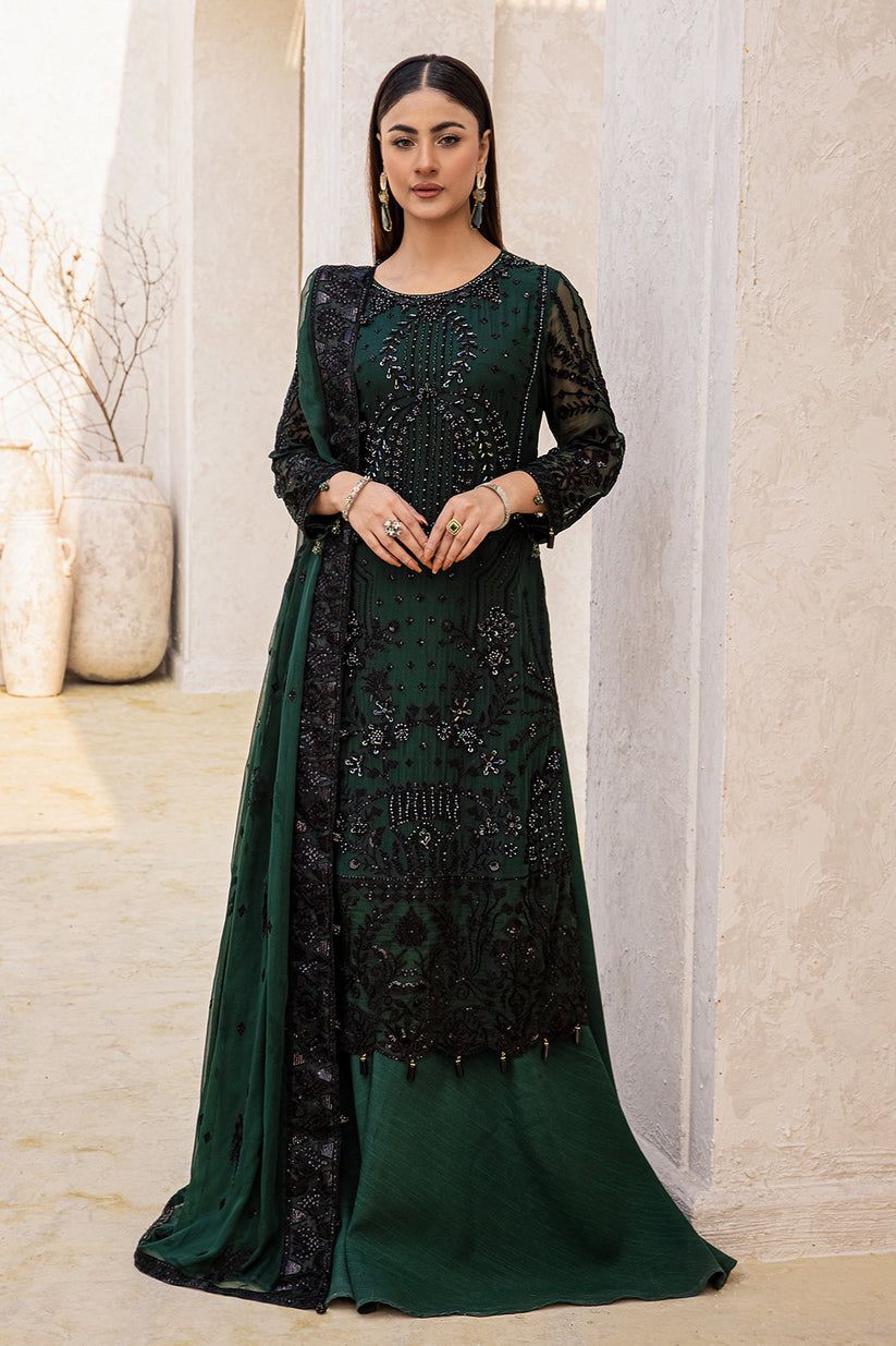 ZNT Embroidered Dark Green Luxury Chiffon Dress