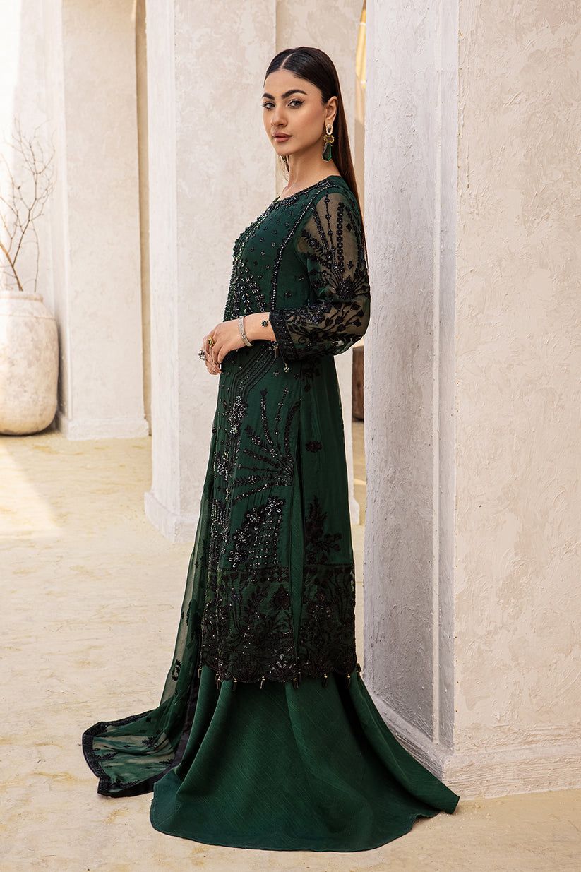 ZNT Embroidered Dark Green Luxury Chiffon Dress