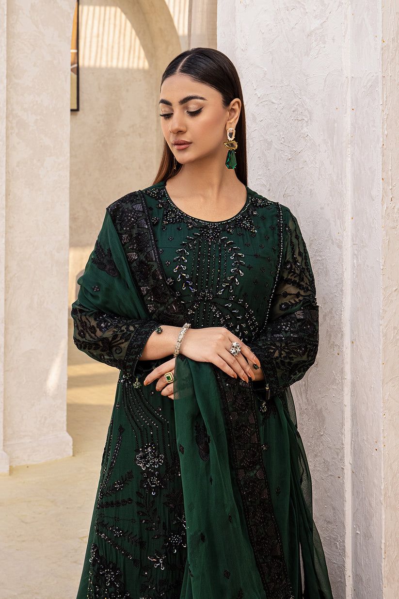 ZNT Embroidered Dark Green Luxury Chiffon Dress