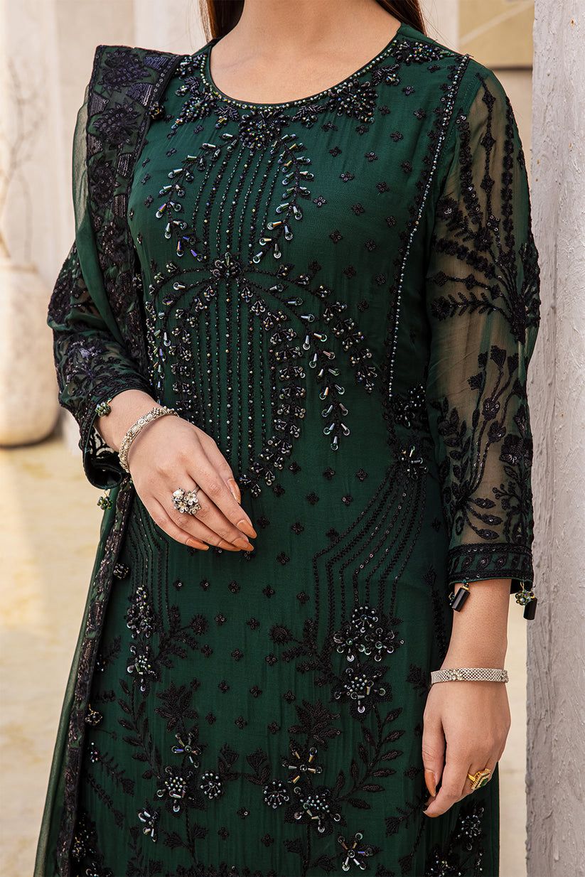 ZNT Embroidered Dark Green Luxury Chiffon Dress