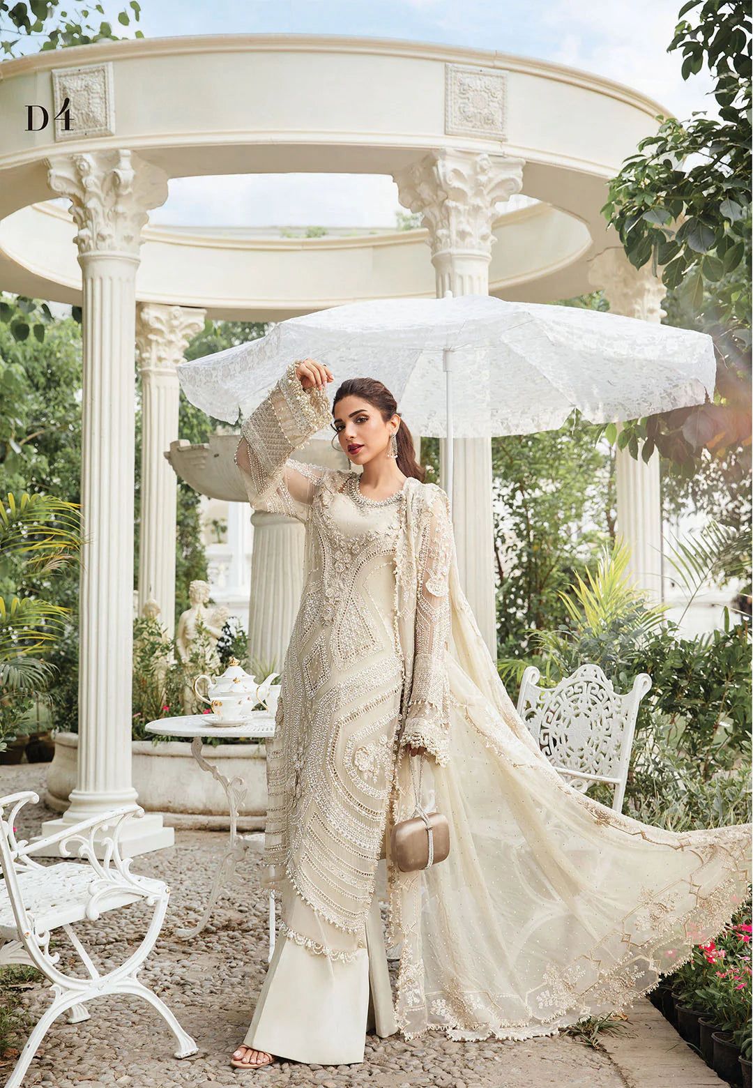 MB Embroidered Off White Luxury Chiffon Dress D4