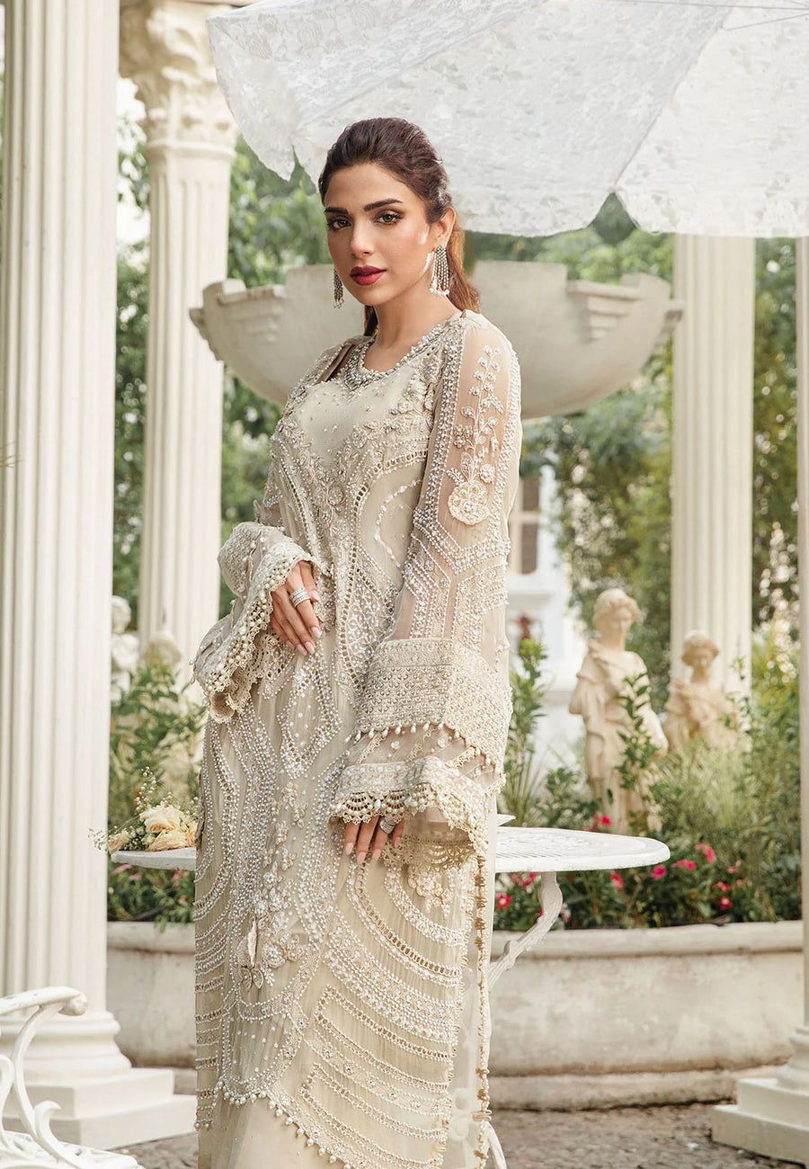 MB Embroidered Off White Luxury Chiffon Dress D4