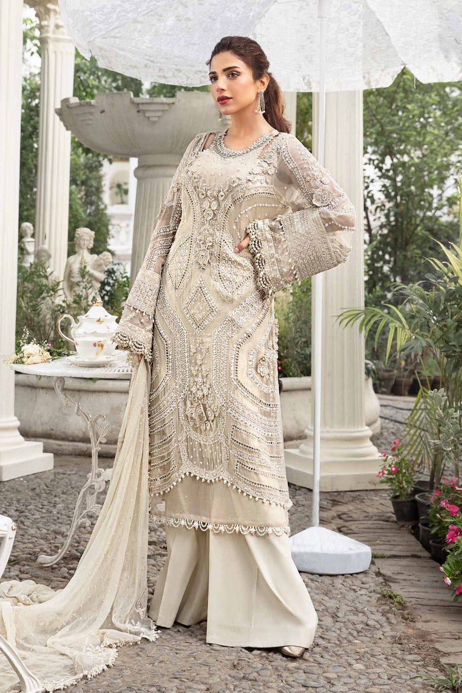 MB Embroidered Off White Luxury Chiffon Dress D4