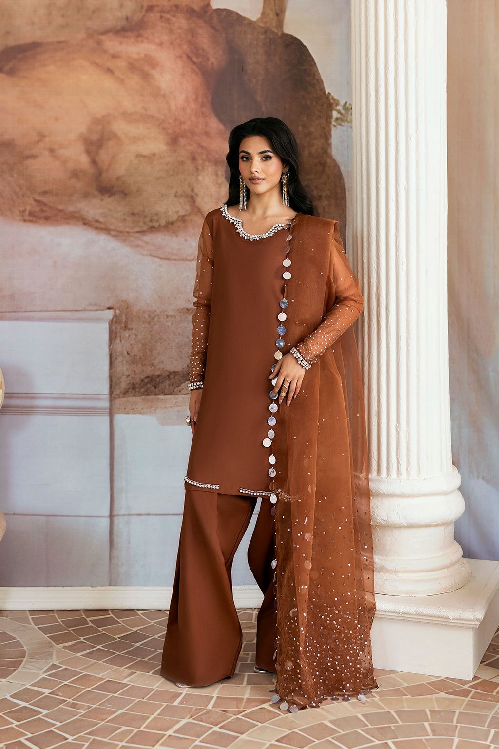 Vanya Embroidered Rust Luxury Silk Dress
