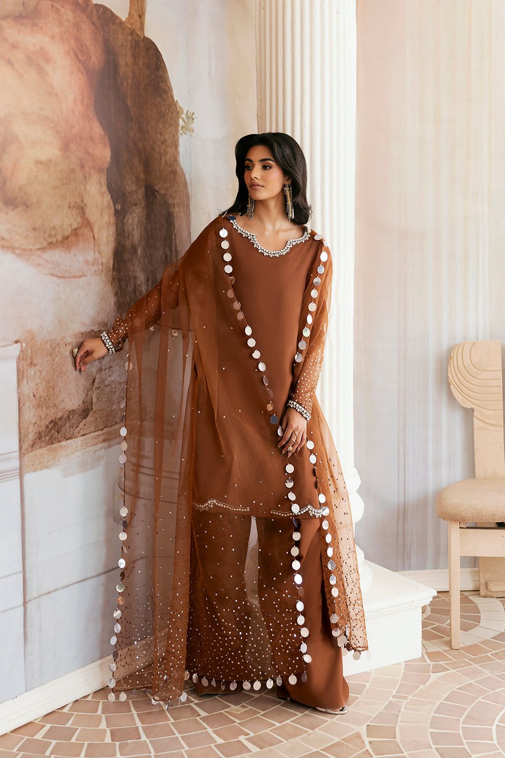 Vanya Embroidered Rust Luxury Silk Dress