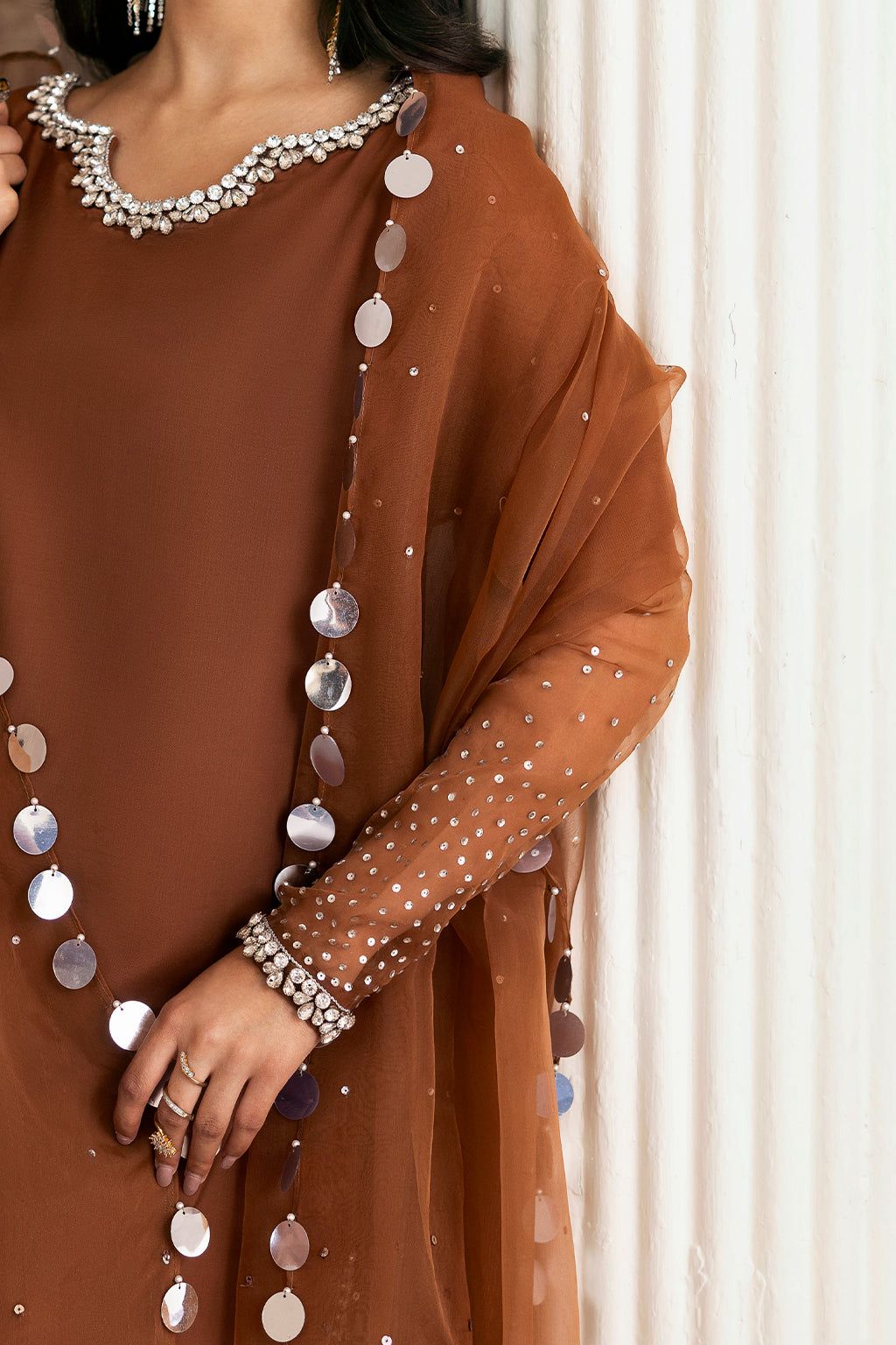 Vanya Embroidered Rust Luxury Silk Dress