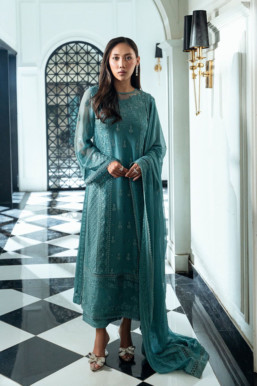 AZU Embroidered Sea Green Luxury Chiffon Dress