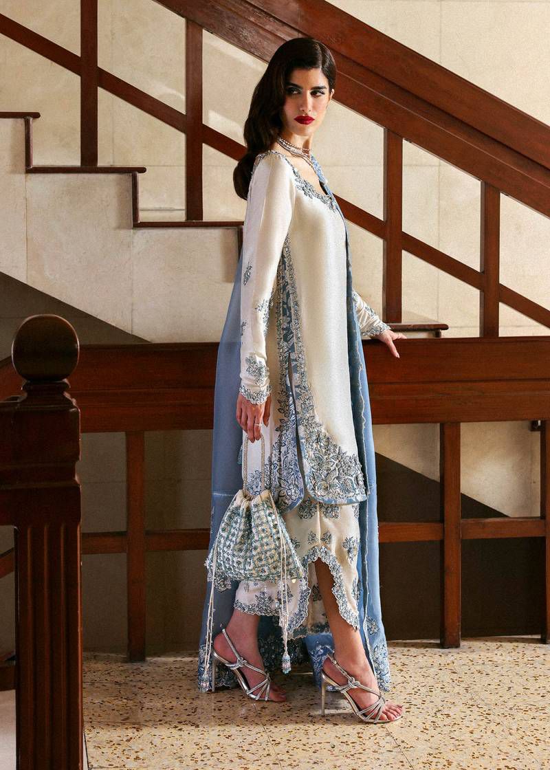 HR Embroidered Cream Luxury Raw Silk Dress
