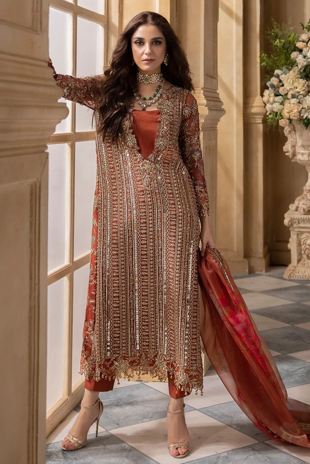 CHZ Embroidered Orange Luxury Chiffon Dress