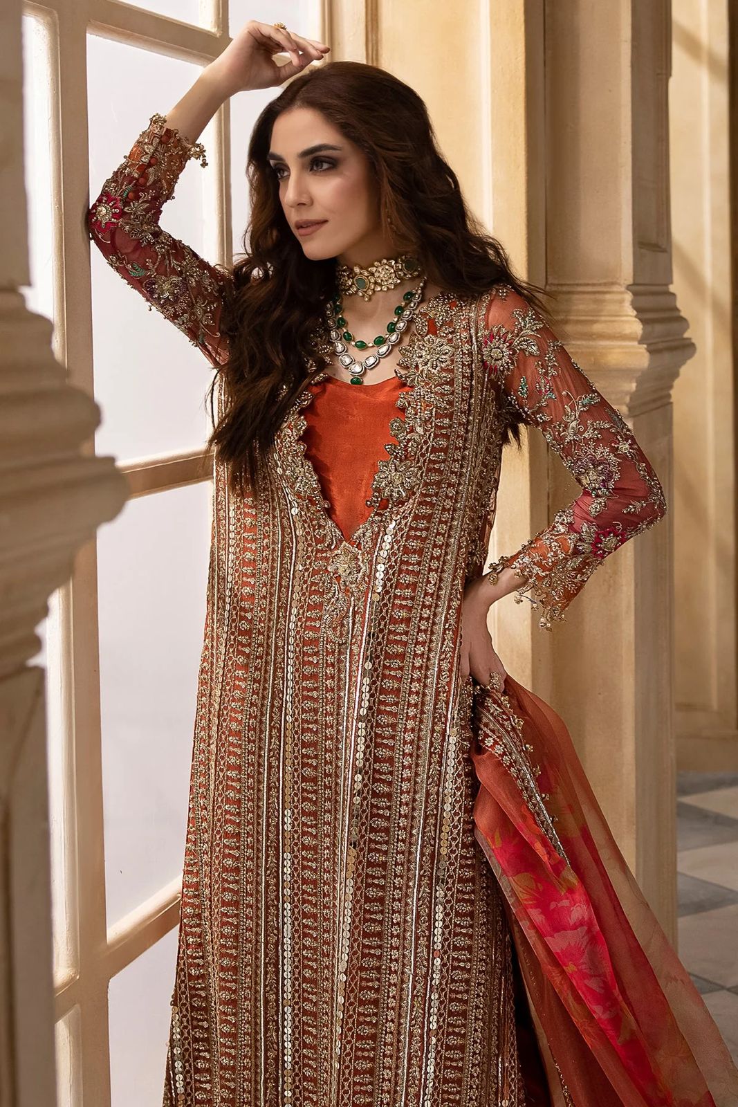 CHZ Embroidered Orange Luxury Chiffon Dress